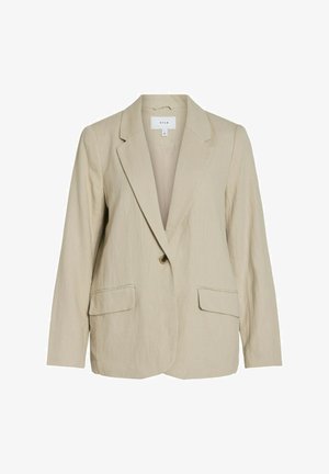 Light beige blazer made of textured fabric. Features a single button closure, notched lapels, and two front pockets.