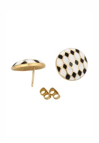 Orecchini a perno color oro con un design rotondo caratterizzato da un motivo geometrico in bianco e nero. Include due retro per orecchini in metallo.
