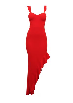 Red fitted dress with ruffled asymmetrical hem, strap detail, and structured bodice. Made from soft, stretchy fabric for comfort.