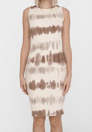 Mouwloze bodycon jurk in crème met bruine tie-dye strepen. Textuurstof met een getailleerde silhouet en ronde halslijn. Geen zichtbare bevestigingen.