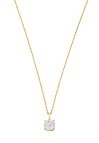 Goldkette mit einem klaren, rund geschliffenen Edelsteinanhänger mit facettierter Oberfläche, der in einer schlichten goldenen Krappenfassung eingesetzt ist.