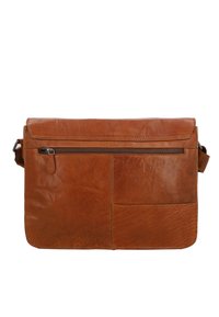 Borsa a tracolla in pelle marrone con chiusura a pattina, dotata di una tasca frontale con zip e due tasche esterne aggiuntive per riporre gli oggetti.