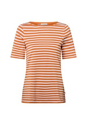 Orange and white striped short-sleeve t-shirt with a rounded neckline, made of soft cotton fabric with a smooth texture.