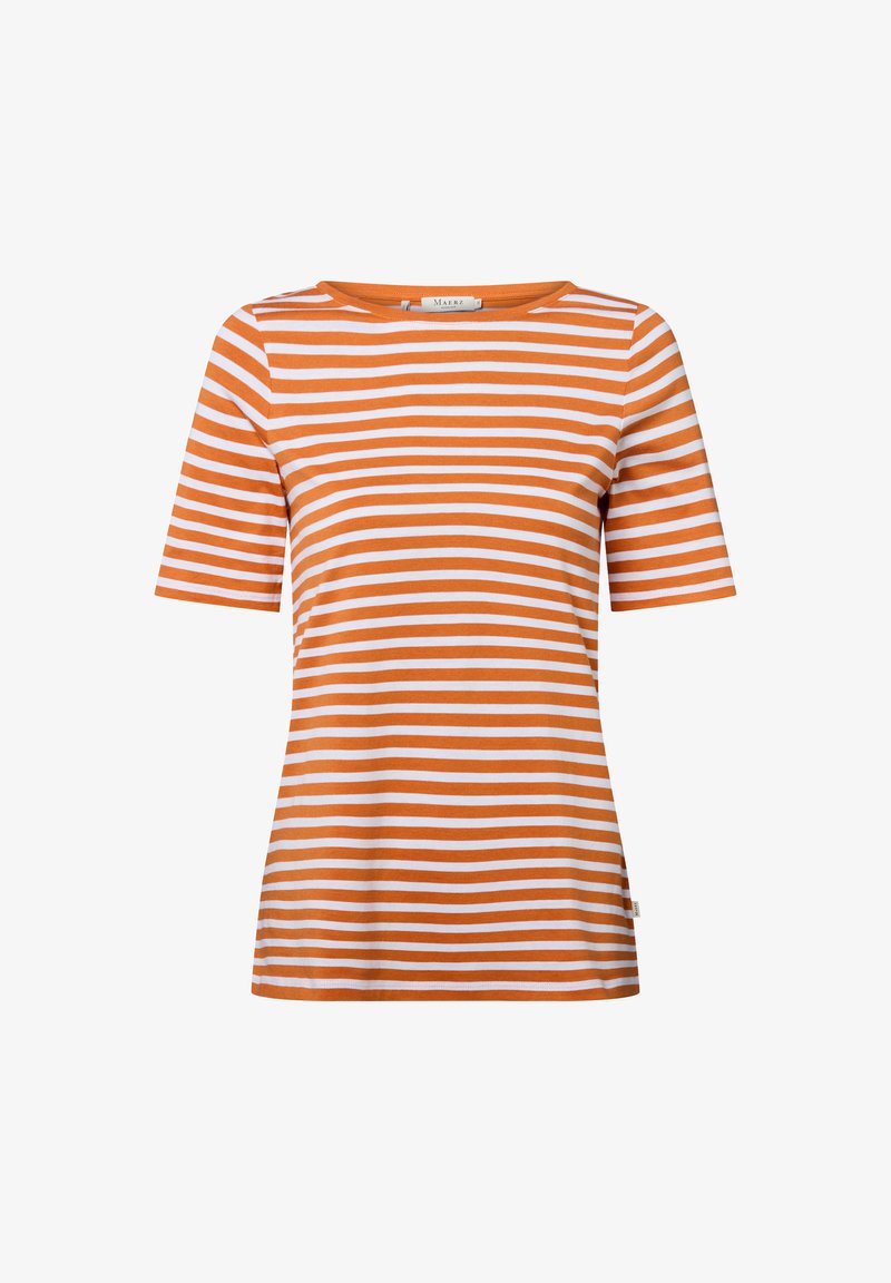 Orange and white striped short-sleeve t-shirt with a rounded neckline, made of soft cotton fabric with a smooth texture.