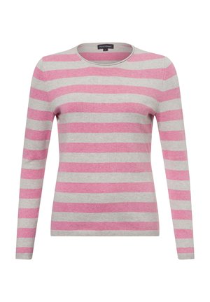 Hellgrauer Pullover mit rosa horizontalen Streifen. Verfügt über einen runden Halsausschnitt und lange Ärmel. Weiche Textur mit gerippten Bündchen und Saum.
