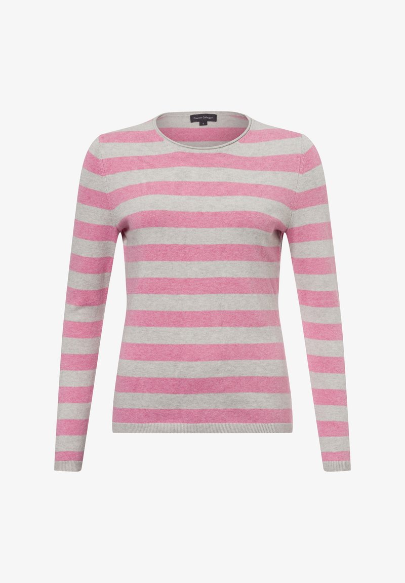 Lichtgrijze trui met roze horizontale strepen. Heeft een ronde halslijn en lange mouwen. Zachte textuur met geribbelde manchetten en zoom.