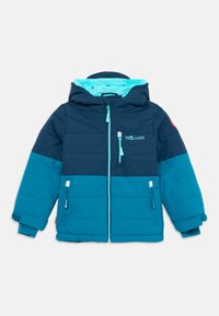 Giacca invernale imbottita per bambini in blu scuro e chiaro con cappuccio, zip frontale, tre tasche con zip e logo "TROLLKIDS" sul petto.