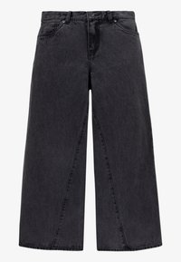 Jean larges noirs en denim, avec une taille haute, quatre poches et des détails de couture subtils. Texture douce avec une finition légèrement délavée.