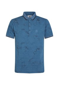 Chemise polo bleue avec un motif de feuilles subtil, manches courtes et un col à trois boutons avec des détails contrastés au col et aux manches.