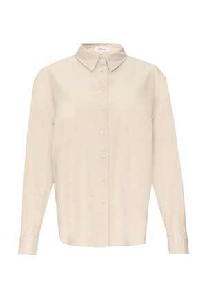 Beige langwerpige overhemd met lange mouwen, voorzien van een klassieke kraag, sluiting met knopen aan de voorkant en een gladde textuur. Eenvoudig en veelzijdig ontwerp.