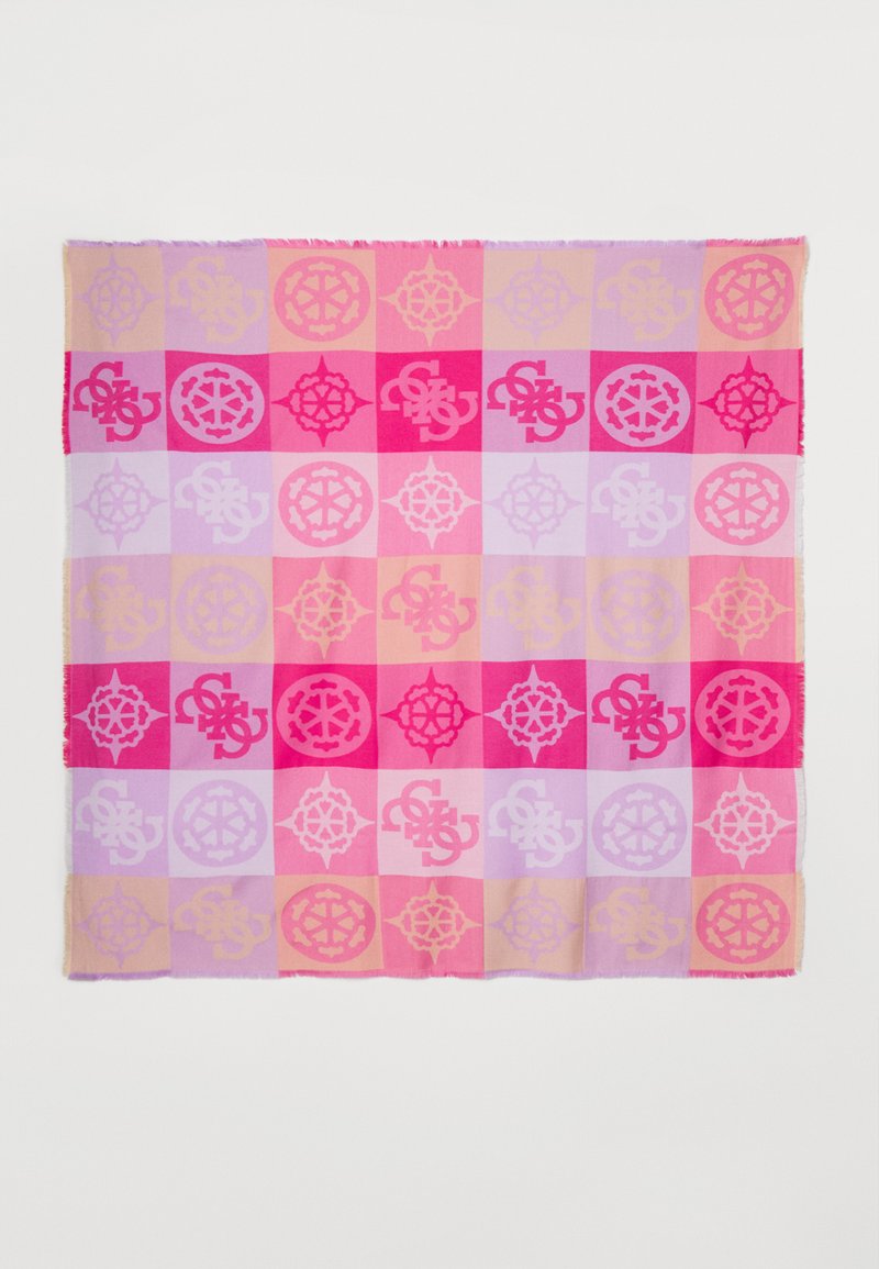 Foulard quadrato con un motivo di design geometrici sovrapposti nelle tonalità di rosa, viola e pesca tenue, con bordi frangiati.
