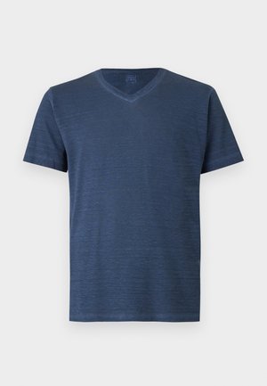 Navyblå bomulds T-shirt med V-hals og korte ærmer, med et diskret teksturmønster og en lige kant. Enkel og alsidig design.