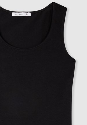 Top nero senza maniche realizzato in cotone morbido, con scollatura rotonda e design aderente. Etichetta con la scritta "Terranova" e taglia S.