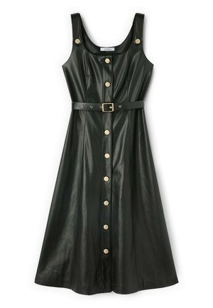 Schwarzes Kunstlederkleid mit tailliertem Oberteil, A-Linien-Rock, goldenen Knöpfen auf der Vorderseite und einem passenden Gürtel an der Taille.