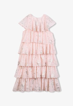 Rozā tērpiņš ar sudraba zvaigžņu rakstiem, volānu piedurknēm un apaļu kakla izgriezumu; viegla auduma ar mīkstu tekstūru un daudzslāņu dizainu.