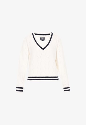 Weißer gestrickter Pullover mit V-Ausschnitt und strukturierten Mustern. Kontrastierende dunkelblaue Streifen an den Bündchen und am Saum. Lange Ärmel.