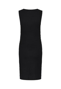 Robe noire sans manches, longueur genou, avec une silhouette ajustée et une texture de tissu simple et lisse, vue de dos.