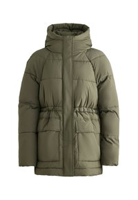 Zöld puffernadrág magas gallérral, steppelt kialakítással, gumírozott derékkal és nagy elülső zsebekkel. Könnyű, szigetelt anyag.