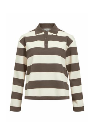 Polo de manga larga en color crema con amplias rayas marrones, con un cuello abotonado y textura suave, diseñado para un uso casual.