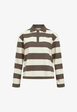 Ilgi piedurkņu polo krekls krēmkrāsā ar platajām brūnām svītrām, ar pogājamu apkakli un mīkstu tekstūru, paredzēts ikdienas valkāšanai.