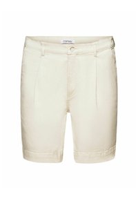 Shorts beige sur mesure à hauteur des genoux avec passants pour ceinture, fermeture à bouton et fermeture éclair à l'avant, poches latérales et ourlets cousus.