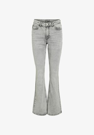 Hellgraue hoch taillierte Jeans aus Denim mit ausgestelltem Bein, Knopfverschluss, Vorder- und Gesäßtaschen sowie dezenten verwaschenen Details.