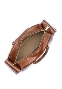 Borsa in pelle marrone con apertura con cerniera, caratterizzata da un esterno liscio e un interno spazioso rivestito in un tessuto più chiaro. Accenti in metallo.