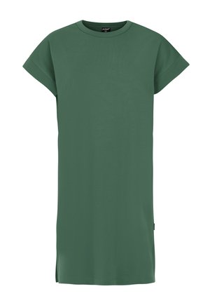 Groene short-sleeve jurk van zachte katoen. Heeft een relaxte pasvorm, ronde halslijn en zijsplitten voor bewegingsgemak.