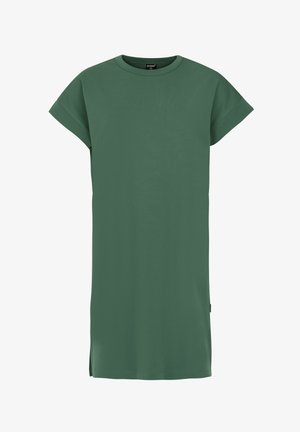 Groene short-sleeve jurk van zachte katoen. Heeft een relaxte pasvorm, ronde halslijn en zijsplitten voor bewegingsgemak.