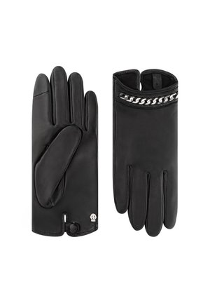 Black leather gloves featuring a textured finish, a chain detail along the wrist, and a logo accent near the cuff. Five-finger design.
