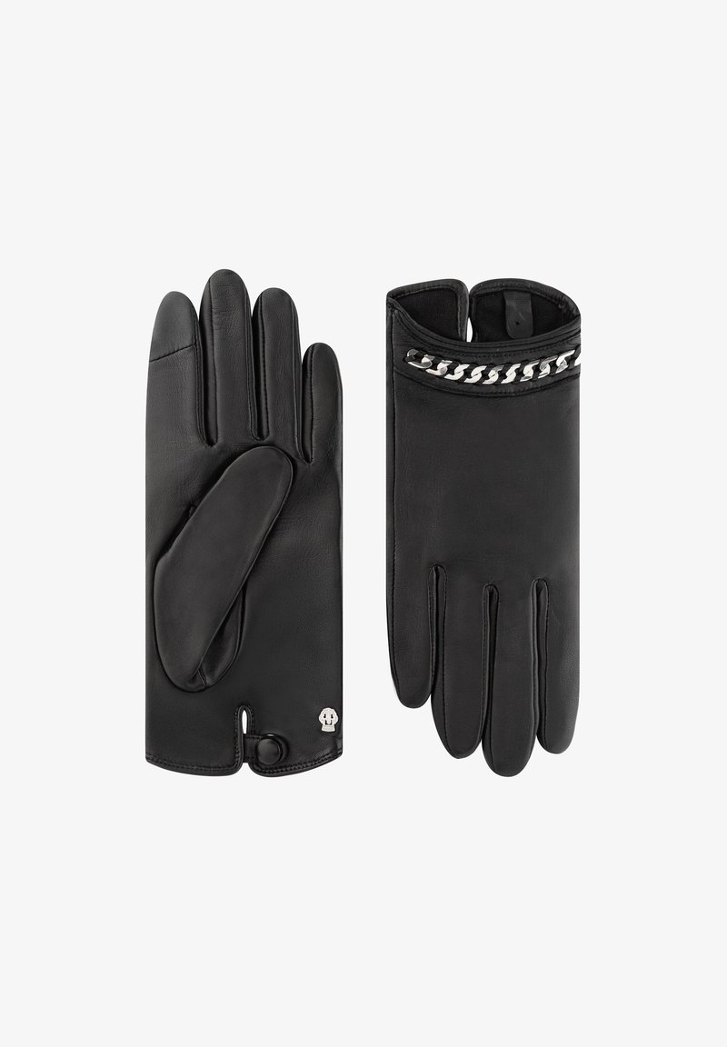 Schwarze Lederhandschuhe mit strukturiertem Finish, einem Ketten-Detail am Handgelenk und einem Logo-Akzent nahe dem Bund. Fünf-Finger-Design.
