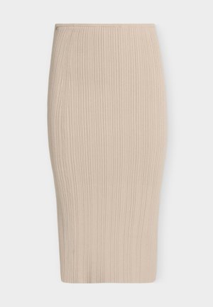 Μπεζ ριμπ πλεκτή pencil φούστα με ψηλή μέση και μήκος μέχρι το γόνατο.