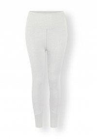 Lichtgrijze leggings gemaakt van rekbaar materiaal. Kenmerkt zich door een brede, gebreide tailleband en een naadloos ontwerp. Glad oppervlak en aansluitende vorm.