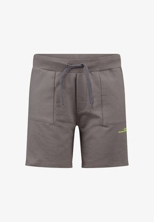 Grijze katoenen shorts met een elastische tailleband, een trekkoord en twee voorkruimelzakken. Voorzien van een subtiele neon groene logo aan de zijkant.