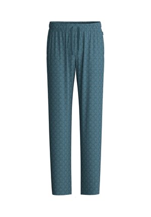 Turquoise patterned pants with an elastic waistband and drawstring. Features a geometric design in lighter shades. Smooth texture.
