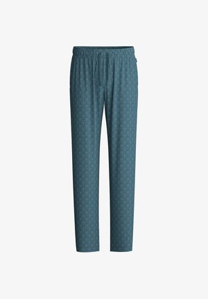 Turquoise broek met patroon, voorzien van een elastische tailleband en aantrekkoord. Heeft een geometrisch ontwerp in lichtere tinten. Soepele textuur.
