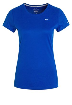 T-shirt de sport Nike Dri-FIT pour femme de couleur bleu vif, manches courtes, col rond avec logo Swoosh blanc sur la poitrine et la manche.