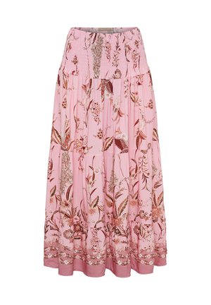 Pink midi nederdel med rynket talje, blomster- og bladmønstre i brune nuancer, lagdelt design og dekorativ kant forneden.