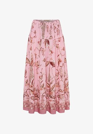 Pink midi nederdel med rynket talje, blomster- og bladmønstre i brune nuancer, lagdelt design og dekorativ kant forneden.