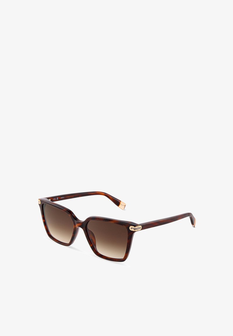 Lunettes de soleil rectangulaires en écaille avec verres marron dégradés et accents dorés sur les branches, présentées sur fond blanc.