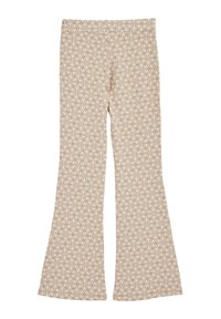 Ženske hlače s širšimi nogavicami iz lahkega materiala, ki imajo bež ozadje z belimi cvetličnimi vzorci. Gladka tekstura, elastičen pas.