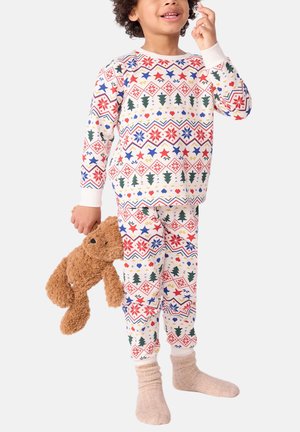 Two-piece pajama set featuring a festive pattern with red, blue, green, and yellow designs, made of soft fabric; includes long sleeves and elastic pants.