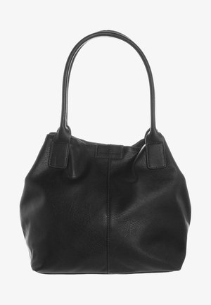 Zwarte lederen tote-handtas met twee schouderriemen en een licht gestructureerd oppervlak.