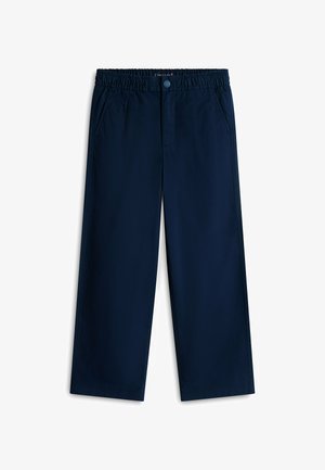 Pantaloni blu navy a gamba dritta con vita elastica, bottone frontale, zip e tasche laterali.
