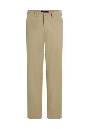 Pantaloni beige a gamba dritta realizzati in tessuto liscio. Presentano due tasche frontali, passanti per cintura e una cerniera con chiusura a un bottone.