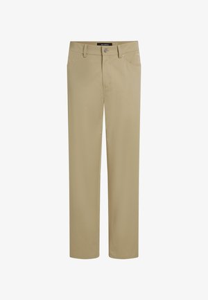 Beige, rechte broek van gladde stof. Heeft twee diepe zakken, riemlussen en een rits met een enkele knoopsluiting.