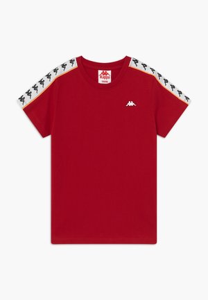 Red short-sleeve t-shirt with white and black Kappa logo tape on shoulders and small white Kappa logo on the left chest.