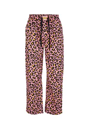 Pink leopard print pants with a relaxed fit, featuring black drawstring, elastic waistband, and black accents. Soft fabric texture.