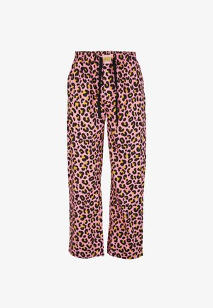 Helle leopard gemusterte Hosen mit lockerer Passform, featuring schwarze Kordelzüge, elastischem Bund und schwarzen Akzenten. Weicher Stoff.