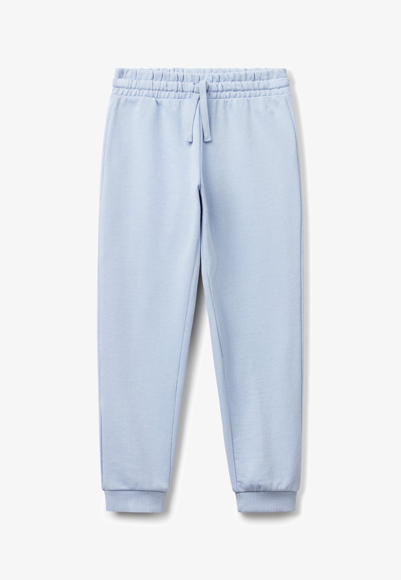 Pantalones jogger de algodón azul claro con cintura elástica, cordón, bolsillos laterales y puños de canalé en los tobillos.